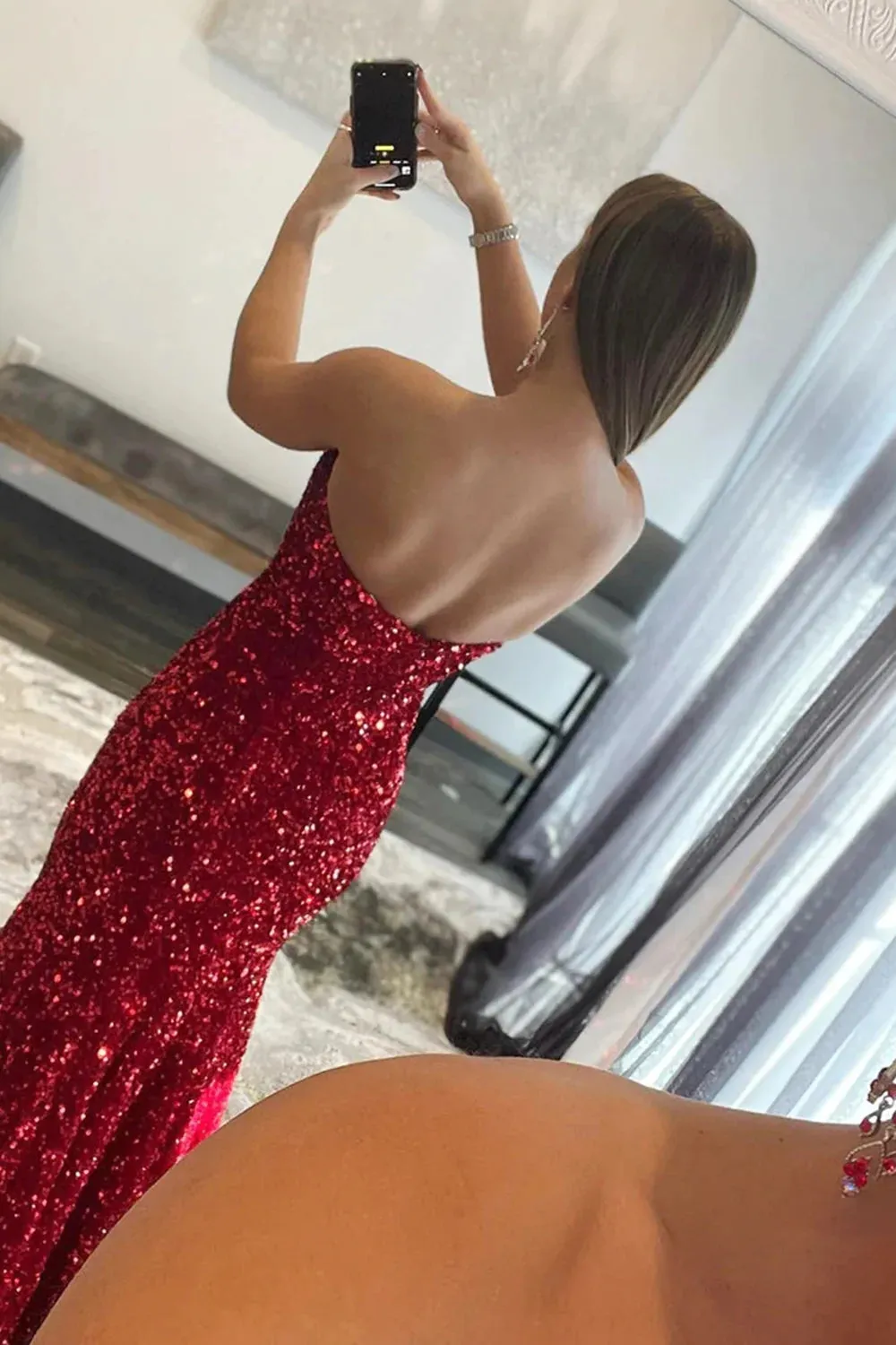 2025 Long Red Prom Dresses Sequin Mermaid Strapless Formal Dress