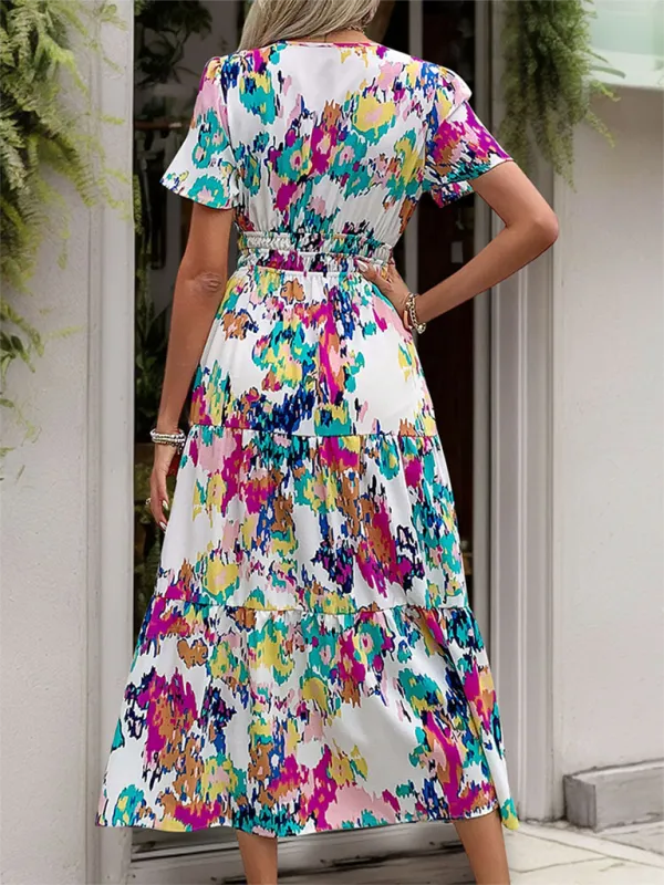 Abstract Print V-Neck Mid-Length Dress with Tiered Skirt