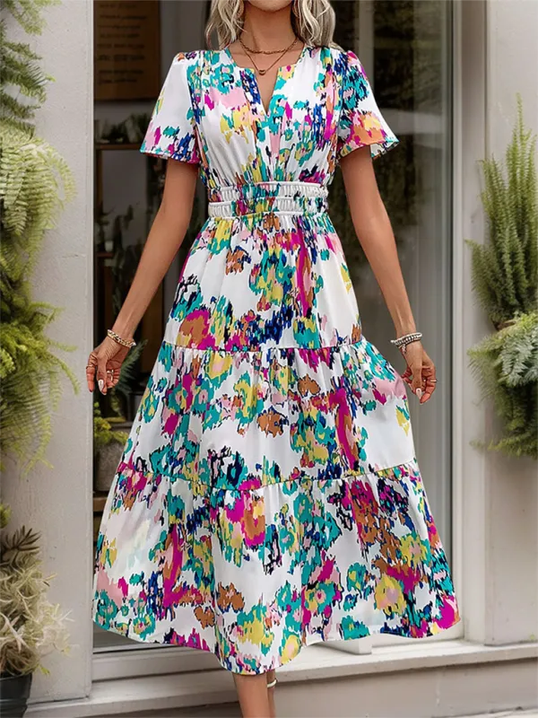 Abstract Print V-Neck Mid-Length Dress with Tiered Skirt