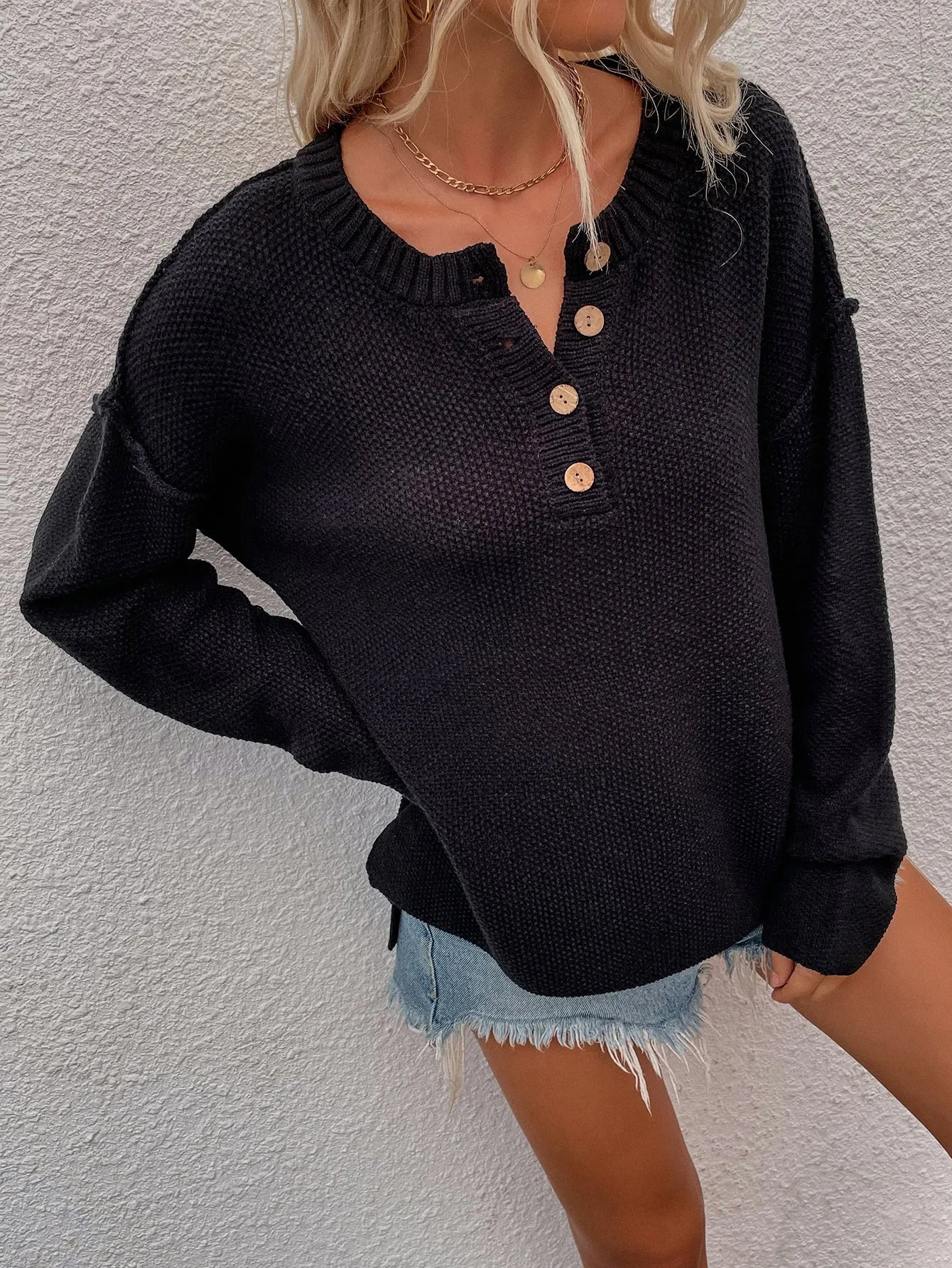 Adyn Collared Button Down Knit Sweater - Black