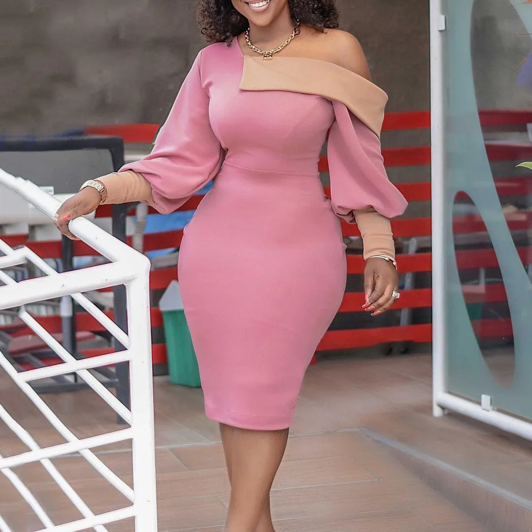 African Ladies Dresses Elegant Wrist High Waist V Neck Vintage Working Dress