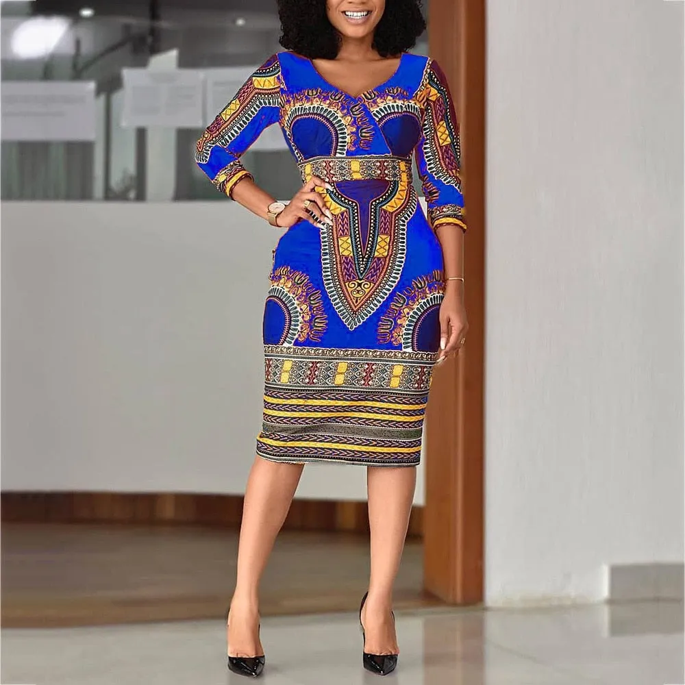 African Ladies Dresses Elegant Wrist High Waist V Neck Vintage Working Dress