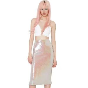 All-Matched Casual Skirts Womens Clothing Fashion Shining Sequined Midi Skirt Solid Zipper High Street Pencil Skirt