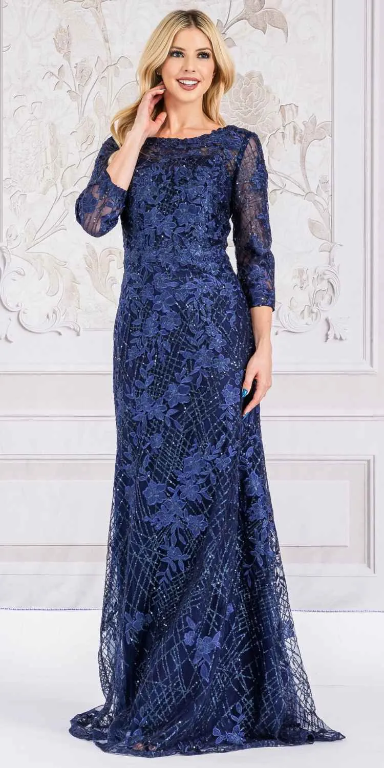 Amelia Couture 7045 Long Mid-Sleeve Scoop Neckline Fitted Dress