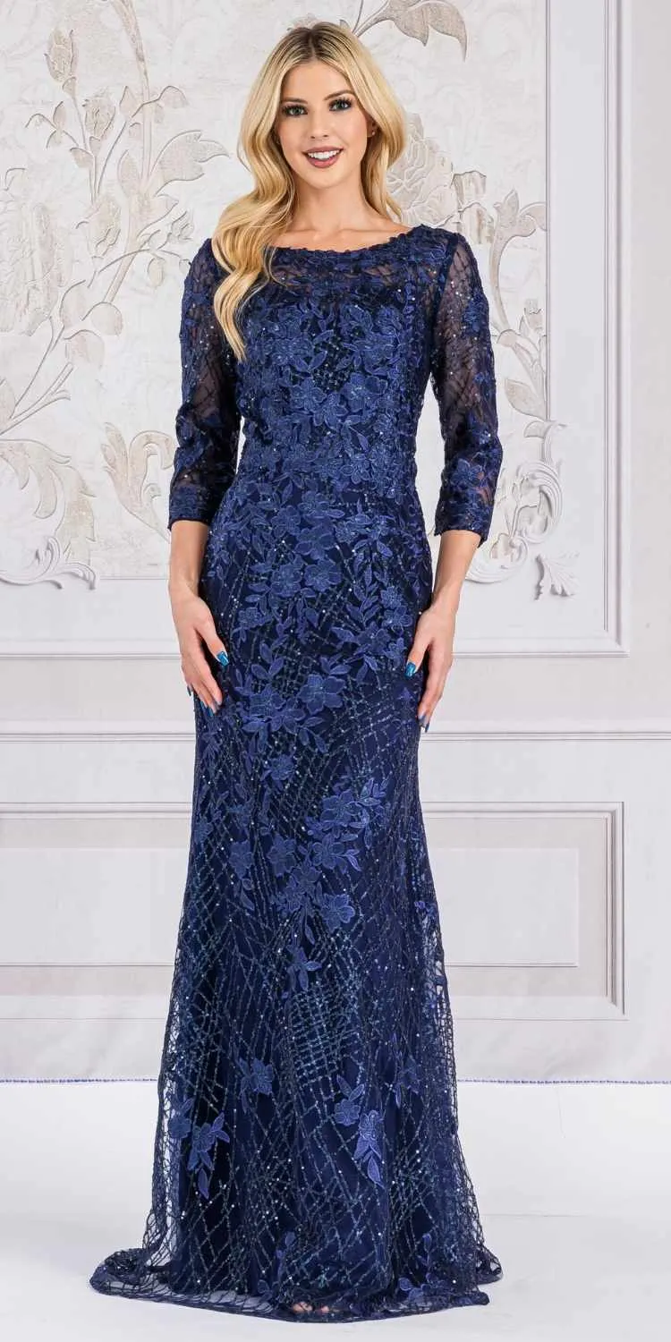 Amelia Couture 7045 Long Mid-Sleeve Scoop Neckline Fitted Dress