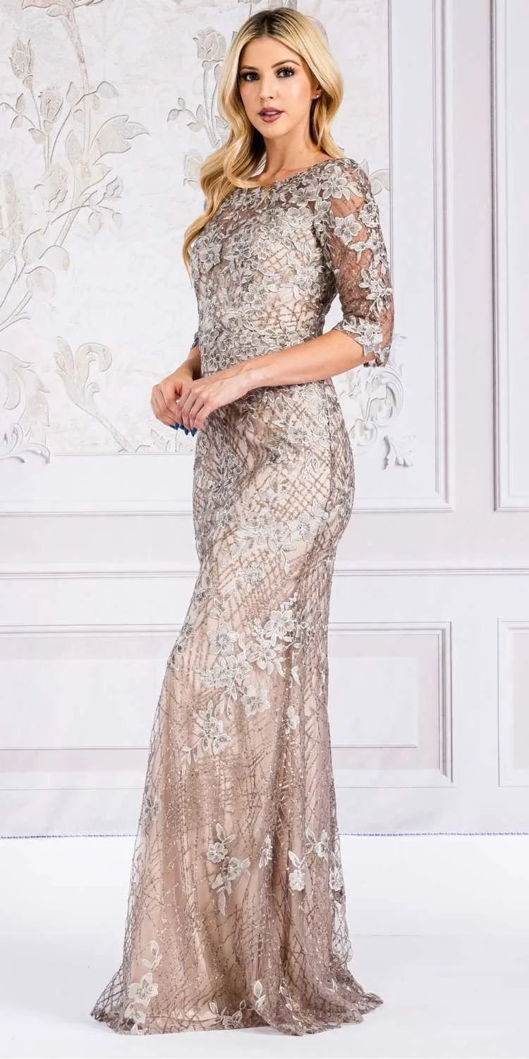 Amelia Couture 7045 Long Mid-Sleeve Scoop Neckline Fitted Dress