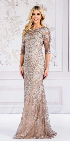 Amelia Couture 7045 Long Mid-Sleeve Scoop Neckline Fitted Dress
