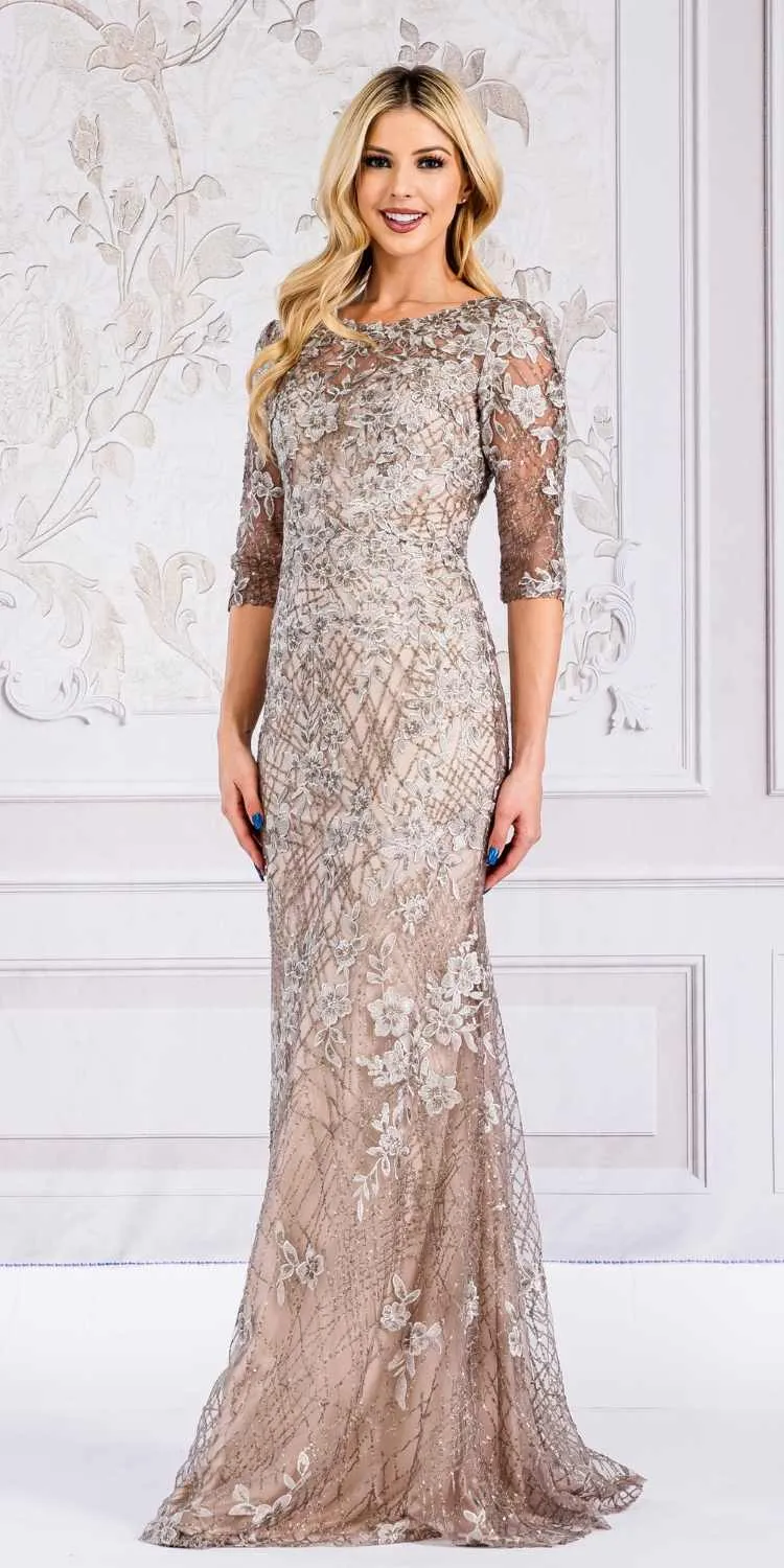 Amelia Couture 7045 Long Mid-Sleeve Scoop Neckline Fitted Dress