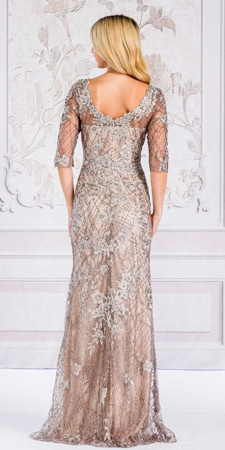 Amelia Couture 7045 Long Mid-Sleeve Scoop Neckline Fitted Dress