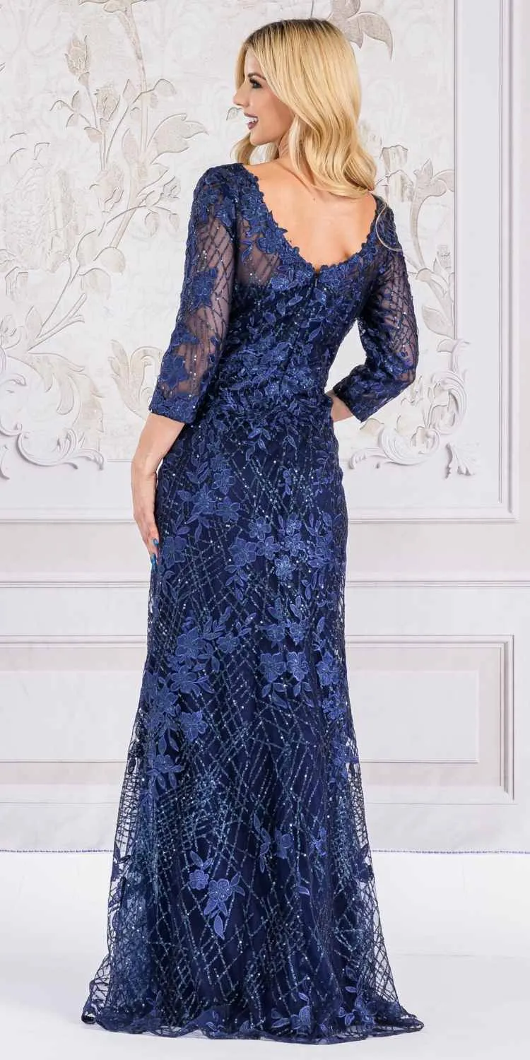 Amelia Couture 7045 Long Mid-Sleeve Scoop Neckline Fitted Dress