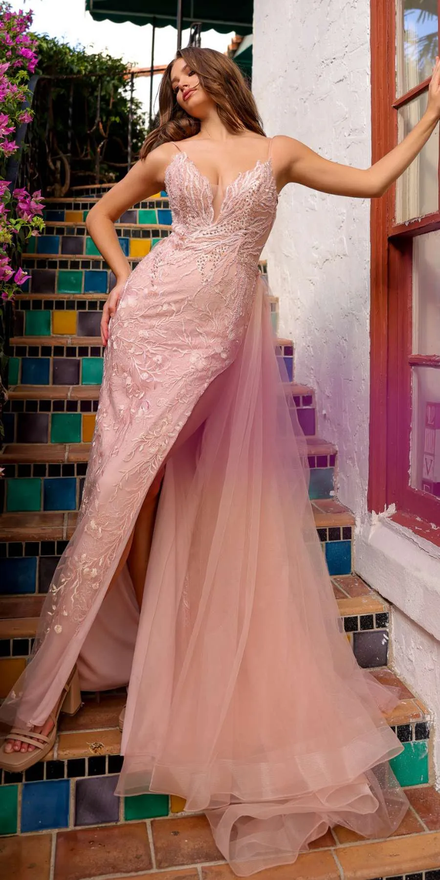 Amelia Couture TM1016 Long Mesh Overskirt Fitted V-Neck Formal Dress