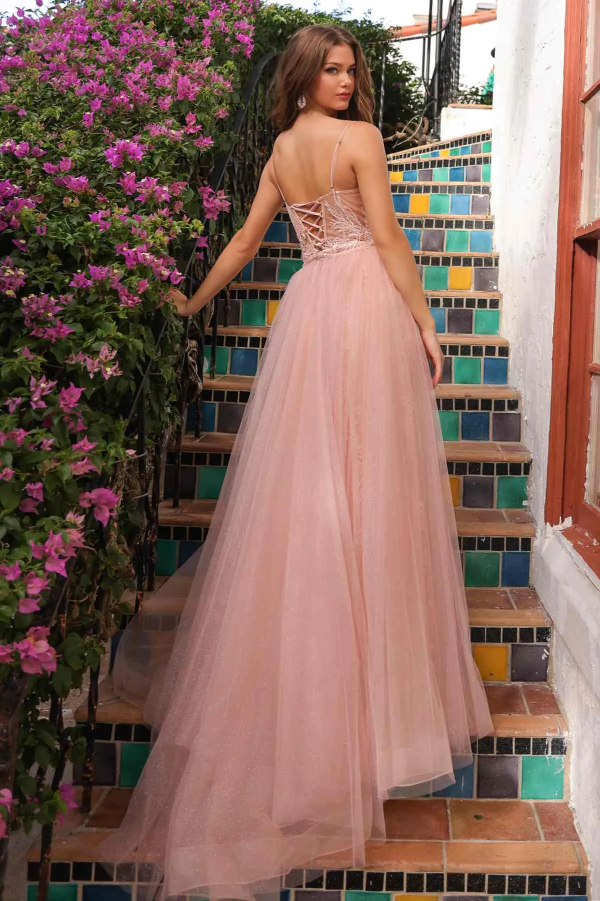 Amelia Couture TM1016 Long Mesh Overskirt Fitted V-Neck Formal Dress