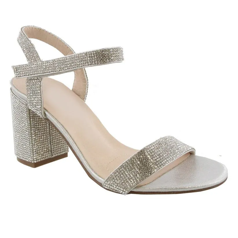 Anna Rhinestone Silver Block Heel Shoe