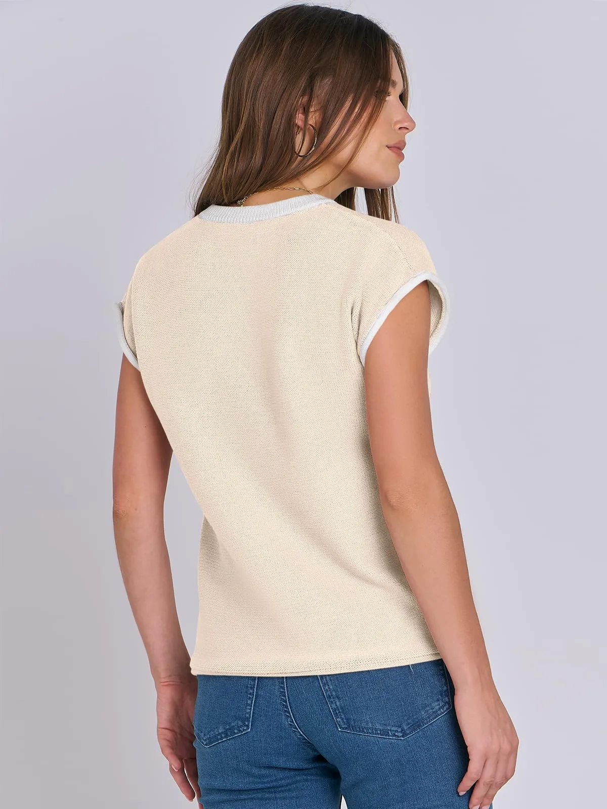 ANRABESS Womens Summer Cap Sleeve Sweater Crewneck sleeveless Knit Tops Casual Fit Vest 2024 Trendy Tank Top Shirts Apricot