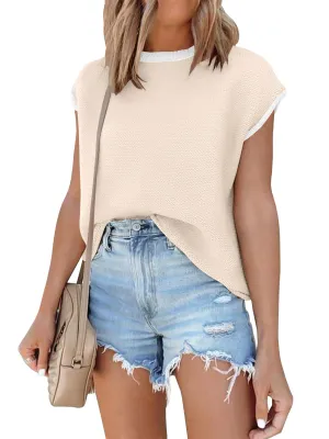 ANRABESS Womens Summer Cap Sleeve Sweater Crewneck sleeveless Knit Tops Casual Fit Vest 2024 Trendy Tank Top Shirts Apricot