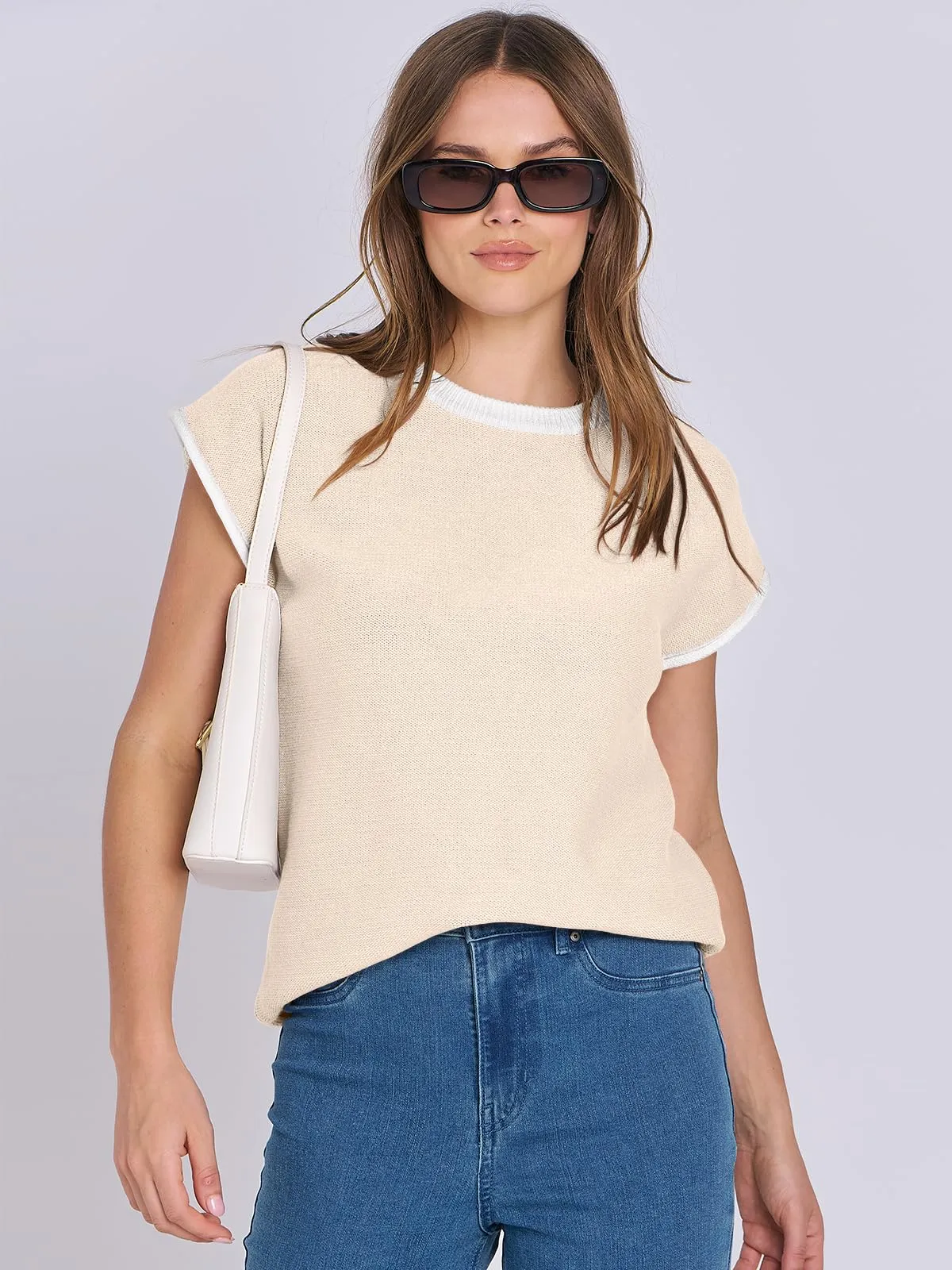 ANRABESS Womens Summer Cap Sleeve Sweater Crewneck sleeveless Knit Tops Casual Fit Vest 2024 Trendy Tank Top Shirts Apricot