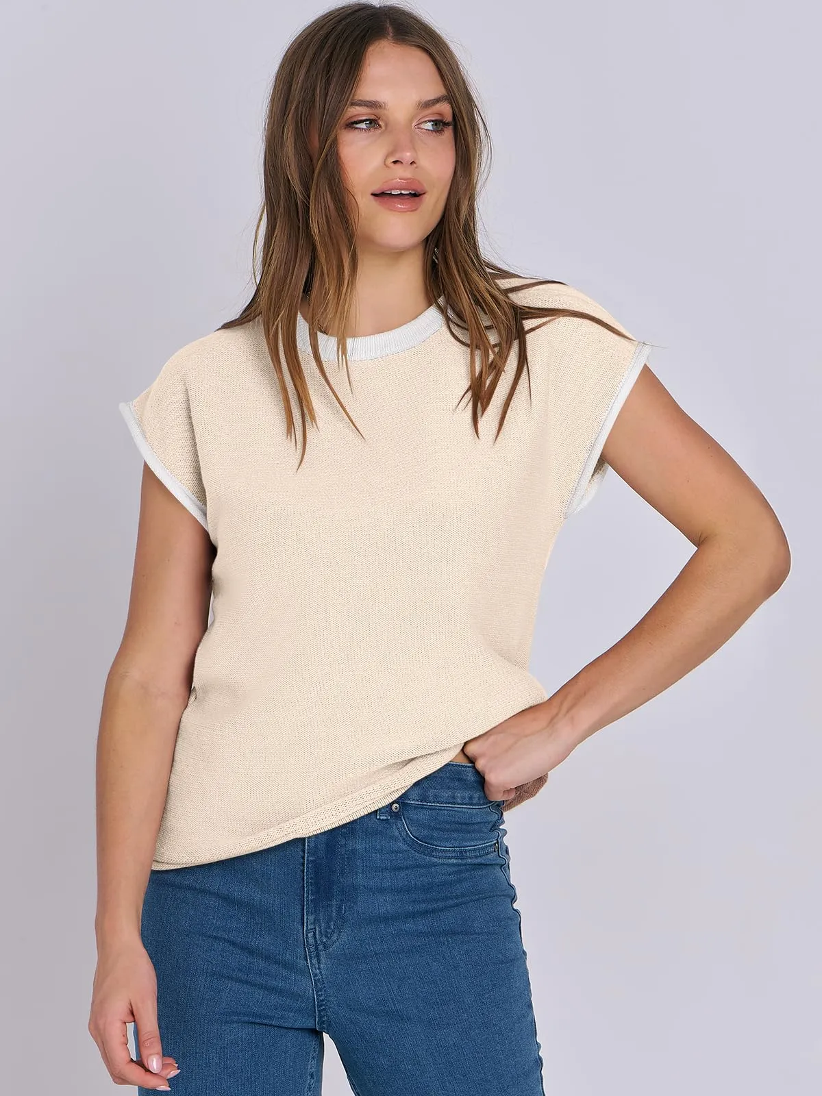 ANRABESS Womens Summer Cap Sleeve Sweater Crewneck sleeveless Knit Tops Casual Fit Vest 2024 Trendy Tank Top Shirts Apricot