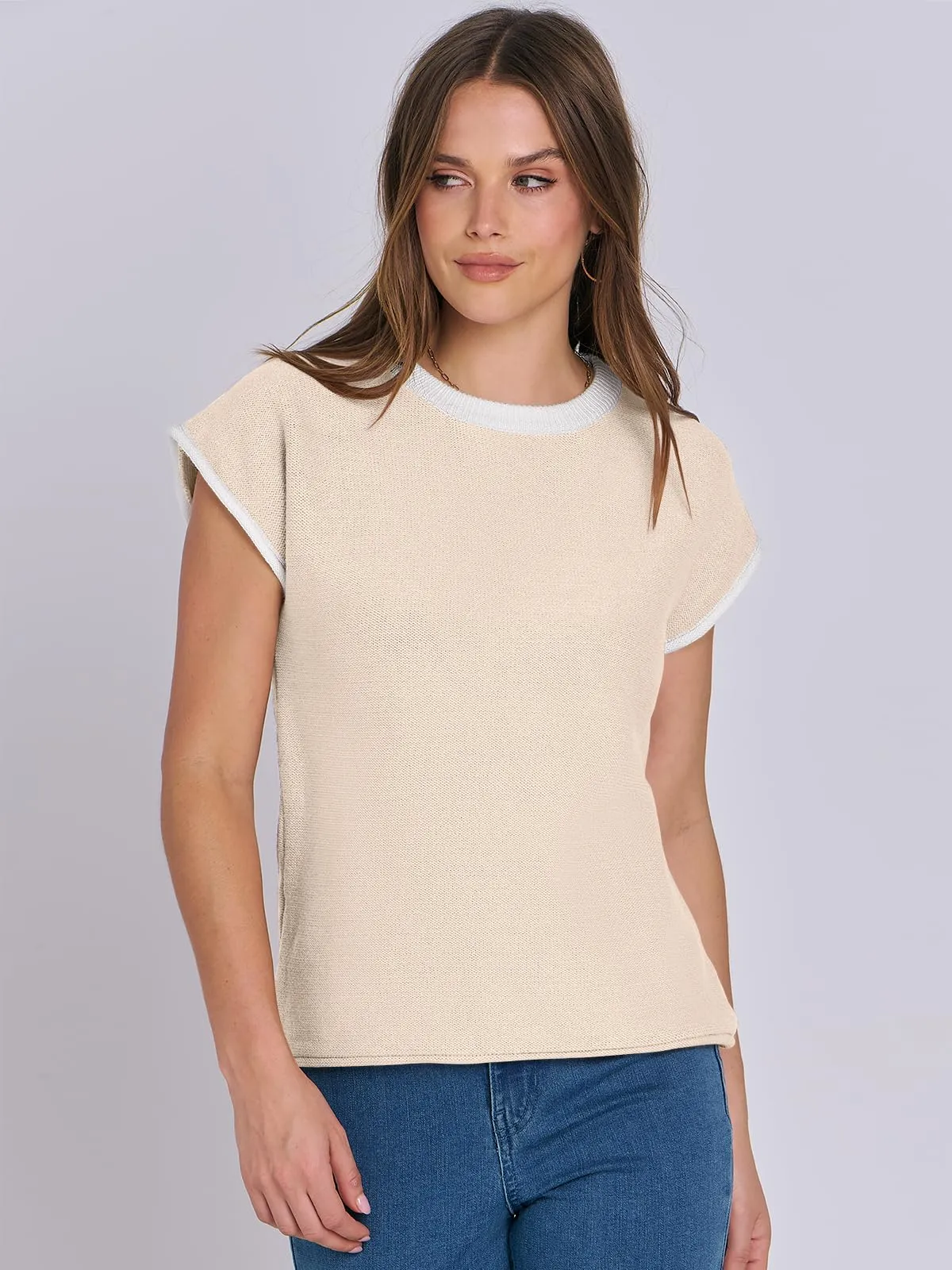 ANRABESS Womens Summer Cap Sleeve Sweater Crewneck sleeveless Knit Tops Casual Fit Vest 2024 Trendy Tank Top Shirts Apricot