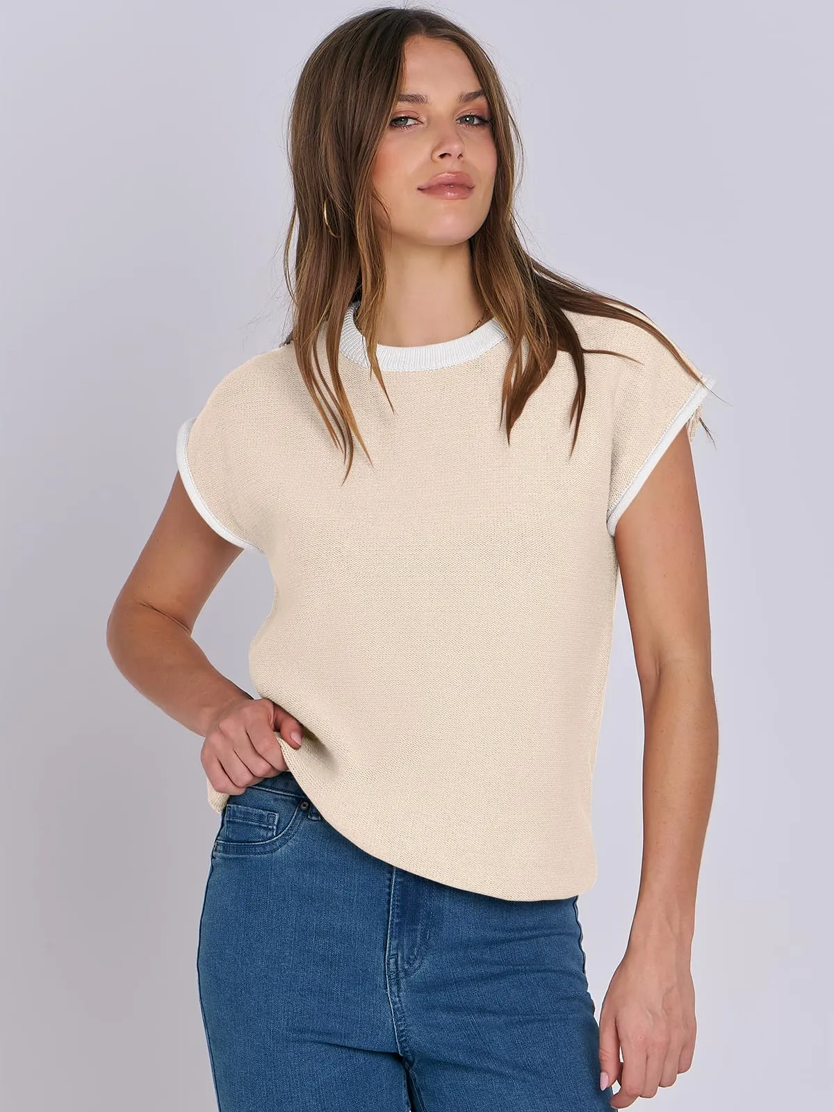 ANRABESS Womens Summer Cap Sleeve Sweater Crewneck sleeveless Knit Tops Casual Fit Vest 2024 Trendy Tank Top Shirts Apricot