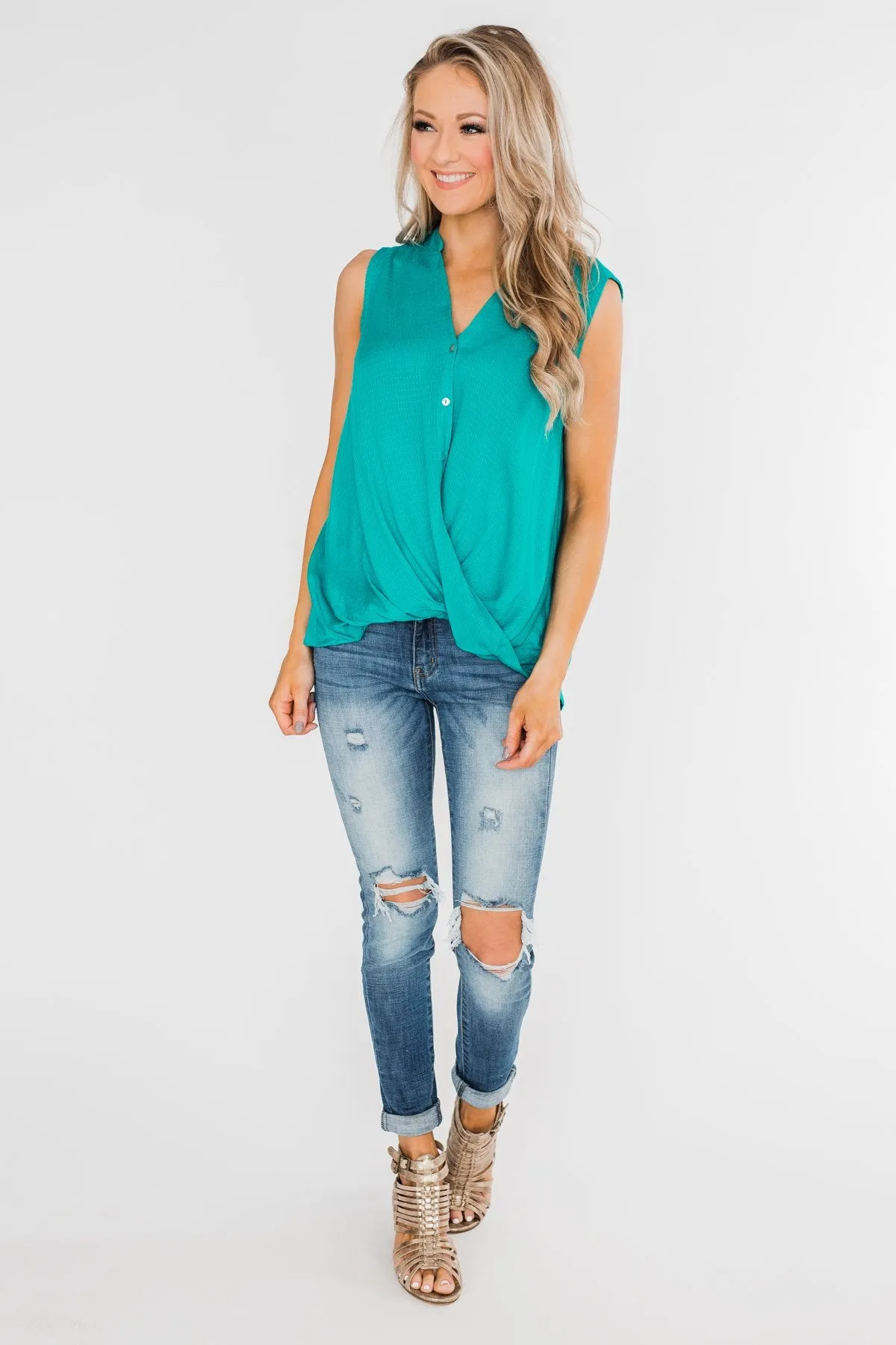 Anywhere With You Twist Tank Top- Turquoise