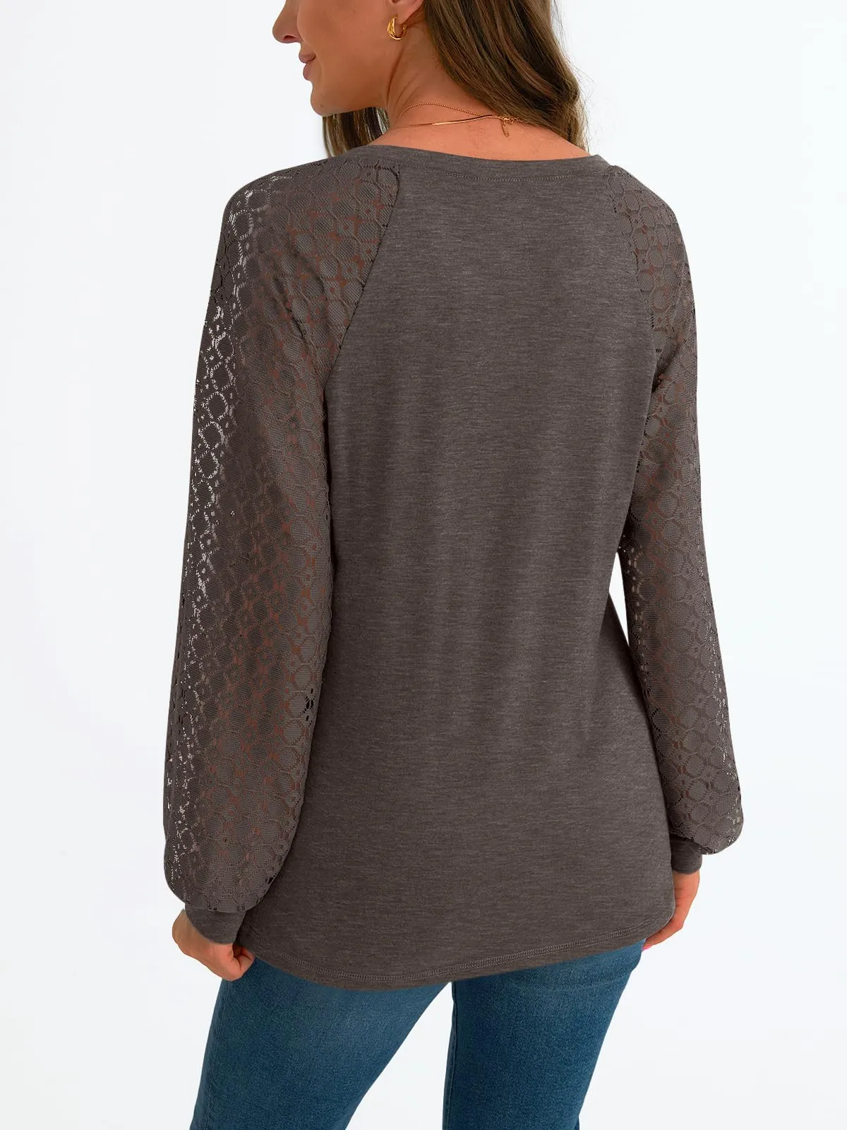 AUTOMET Womens Long Sleeve Shirts V-Neck Lace Tops Business Casual Blouses Tee Trendy 2024 Fall Fashion Outfits Clothes CoffeeGrey