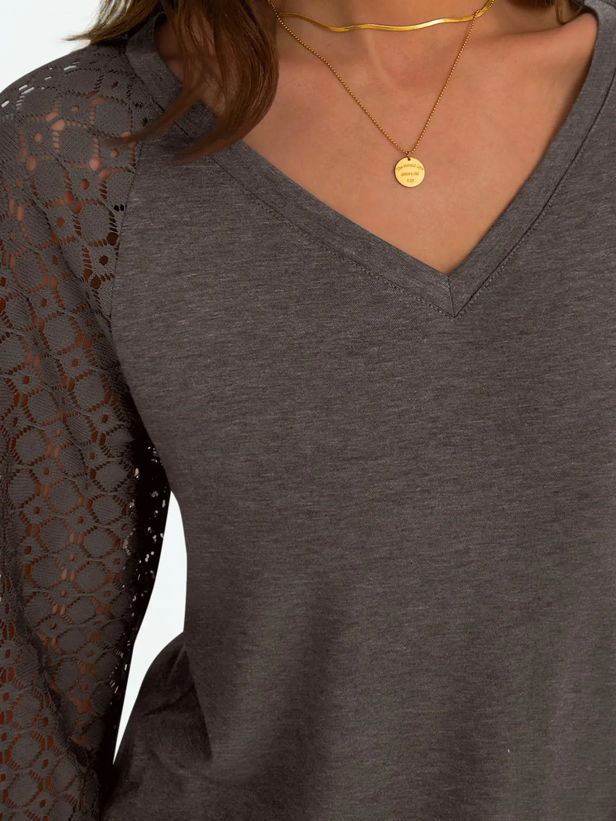 AUTOMET Womens Long Sleeve Shirts V-Neck Lace Tops Business Casual Blouses Tee Trendy 2024 Fall Fashion Outfits Clothes CoffeeGrey