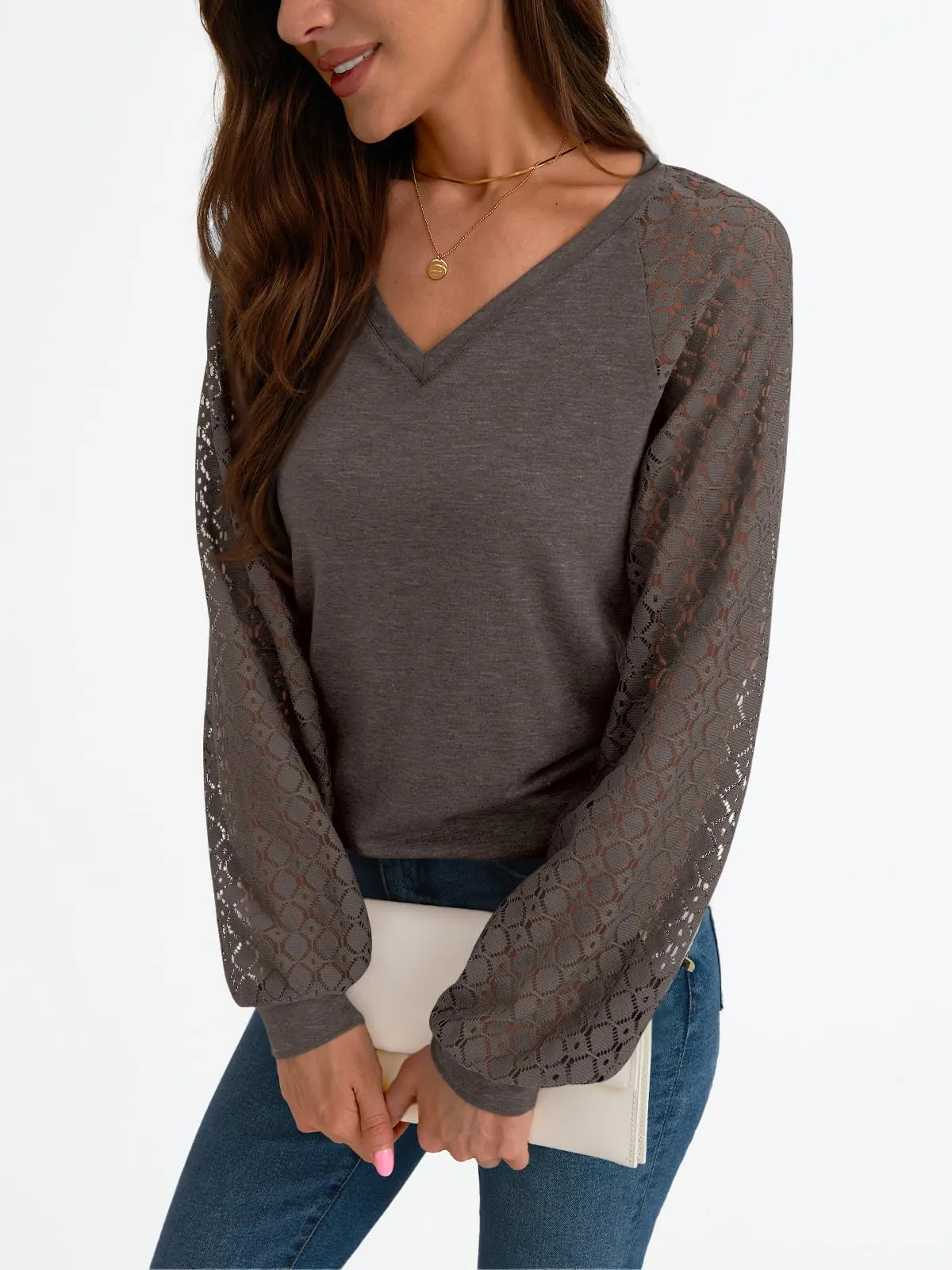 AUTOMET Womens Long Sleeve Shirts V-Neck Lace Tops Business Casual Blouses Tee Trendy 2024 Fall Fashion Outfits Clothes CoffeeGrey