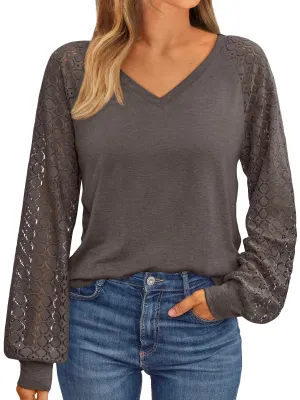 AUTOMET Womens Long Sleeve Shirts V-Neck Lace Tops Business Casual Blouses Tee Trendy 2024 Fall Fashion Outfits Clothes CoffeeGrey