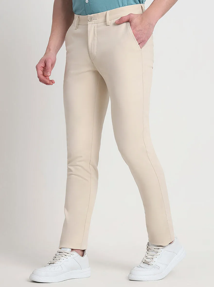 Beige Solid Slim Fit Casual Trouser | JadeBlue