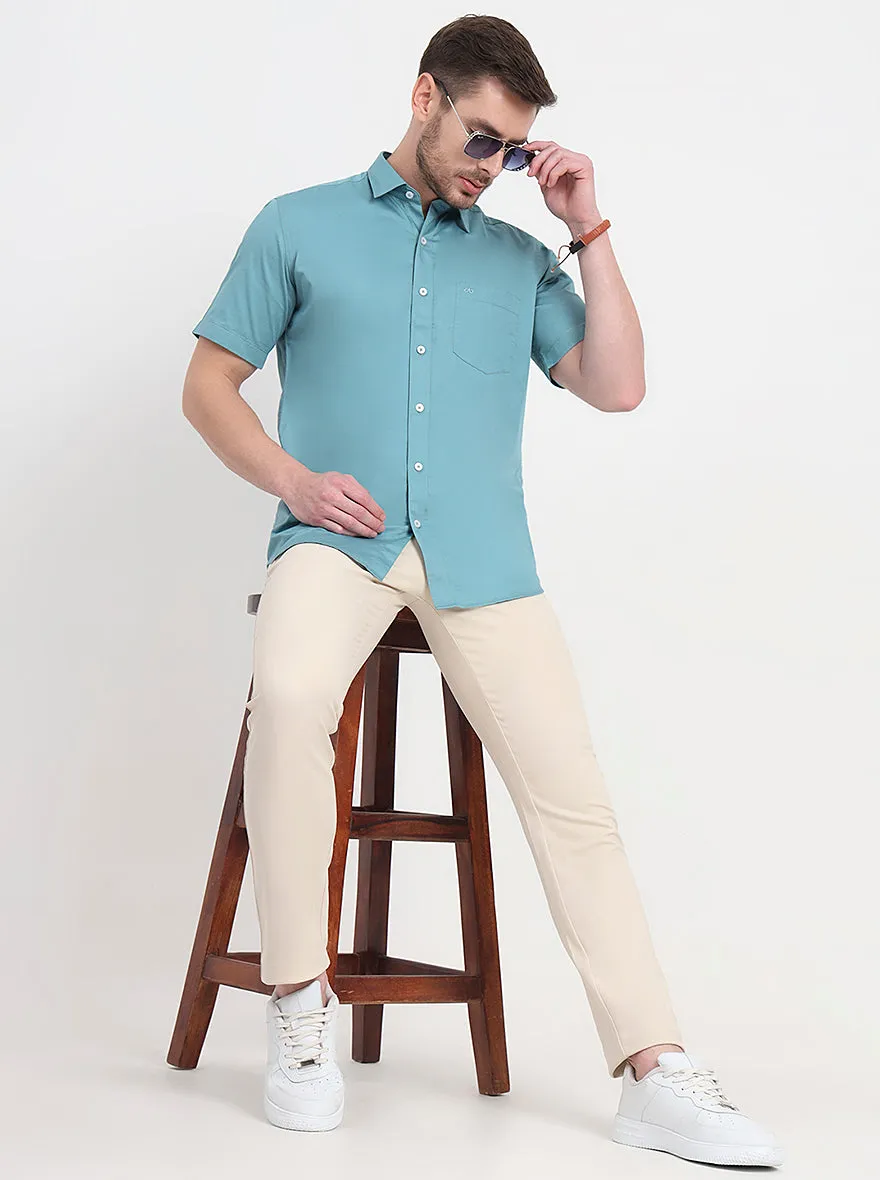 Beige Solid Slim Fit Casual Trouser | JadeBlue