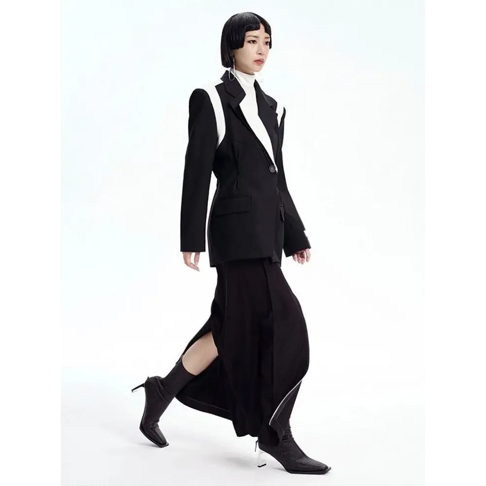 Black Color Block Blazer with Single Button and Halter Neck Design