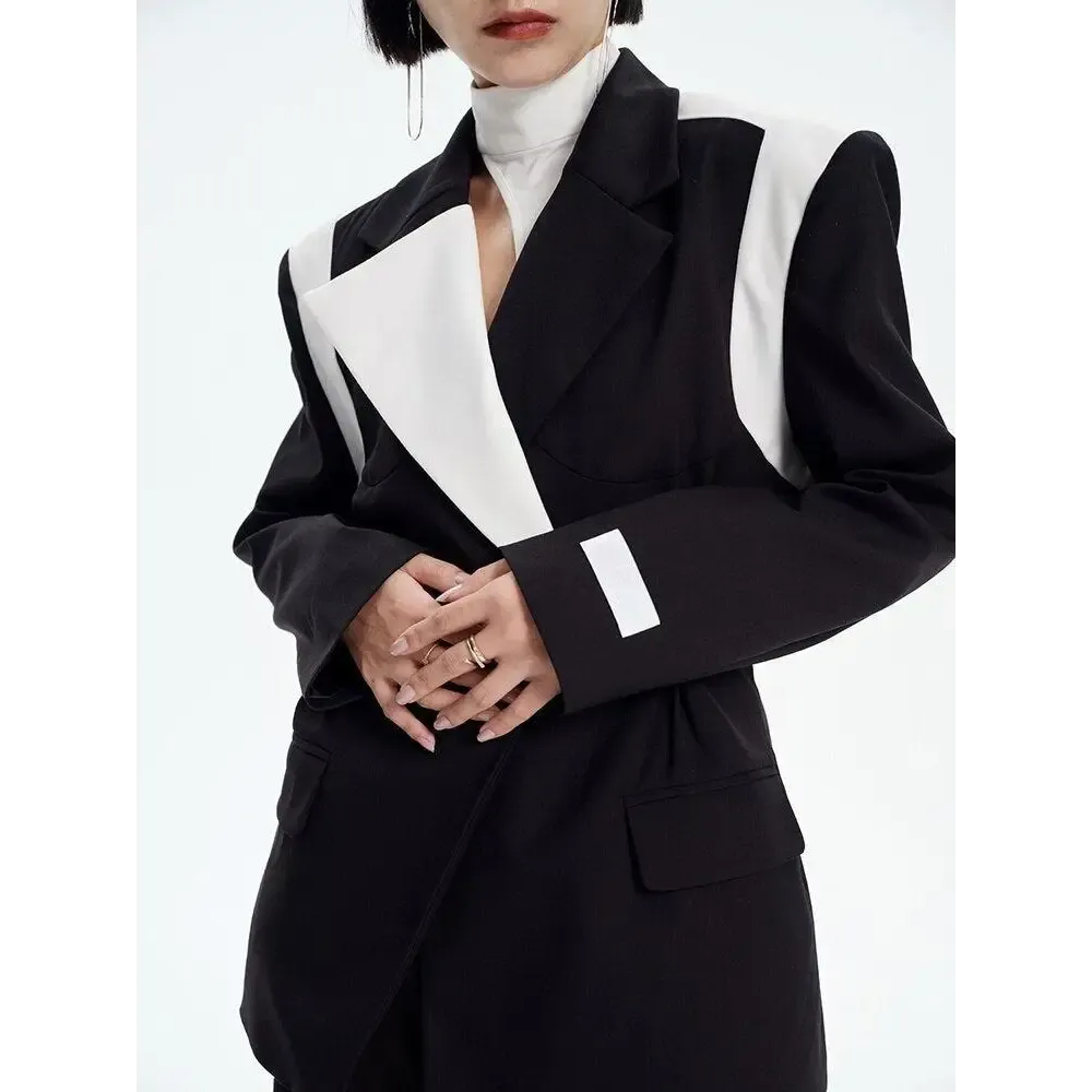 Black Color Block Blazer with Single Button and Halter Neck Design
