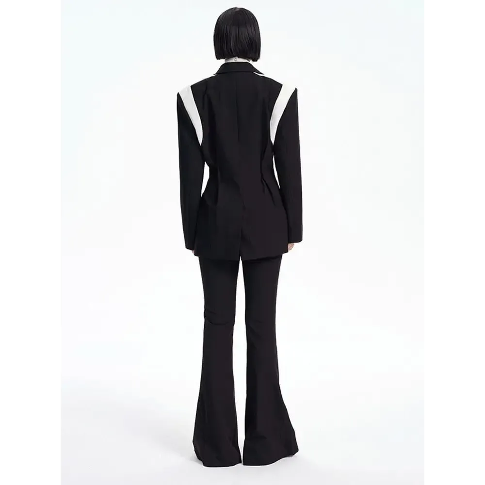 Black Color Block Blazer with Single Button and Halter Neck Design