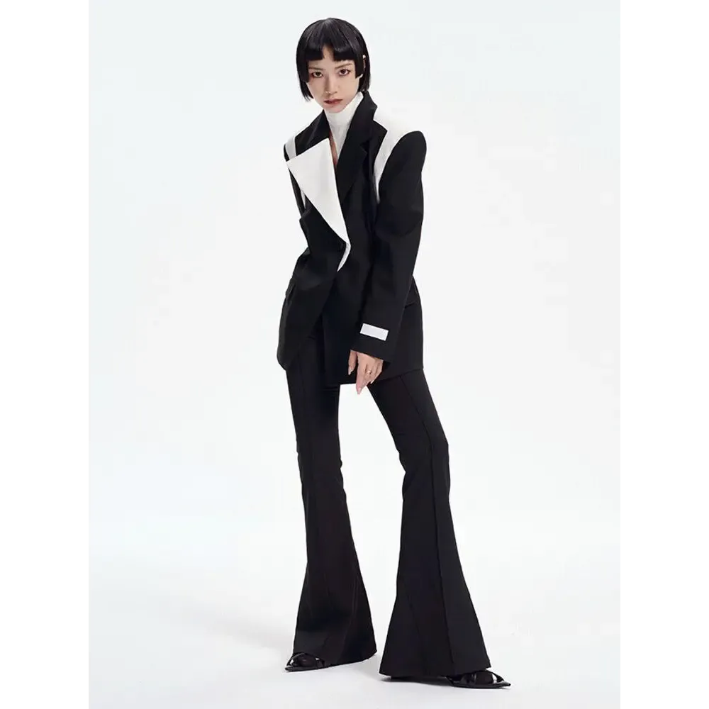 Black Color Block Blazer with Single Button and Halter Neck Design