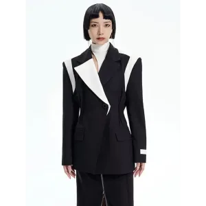 Black Color Block Blazer with Single Button and Halter Neck Design