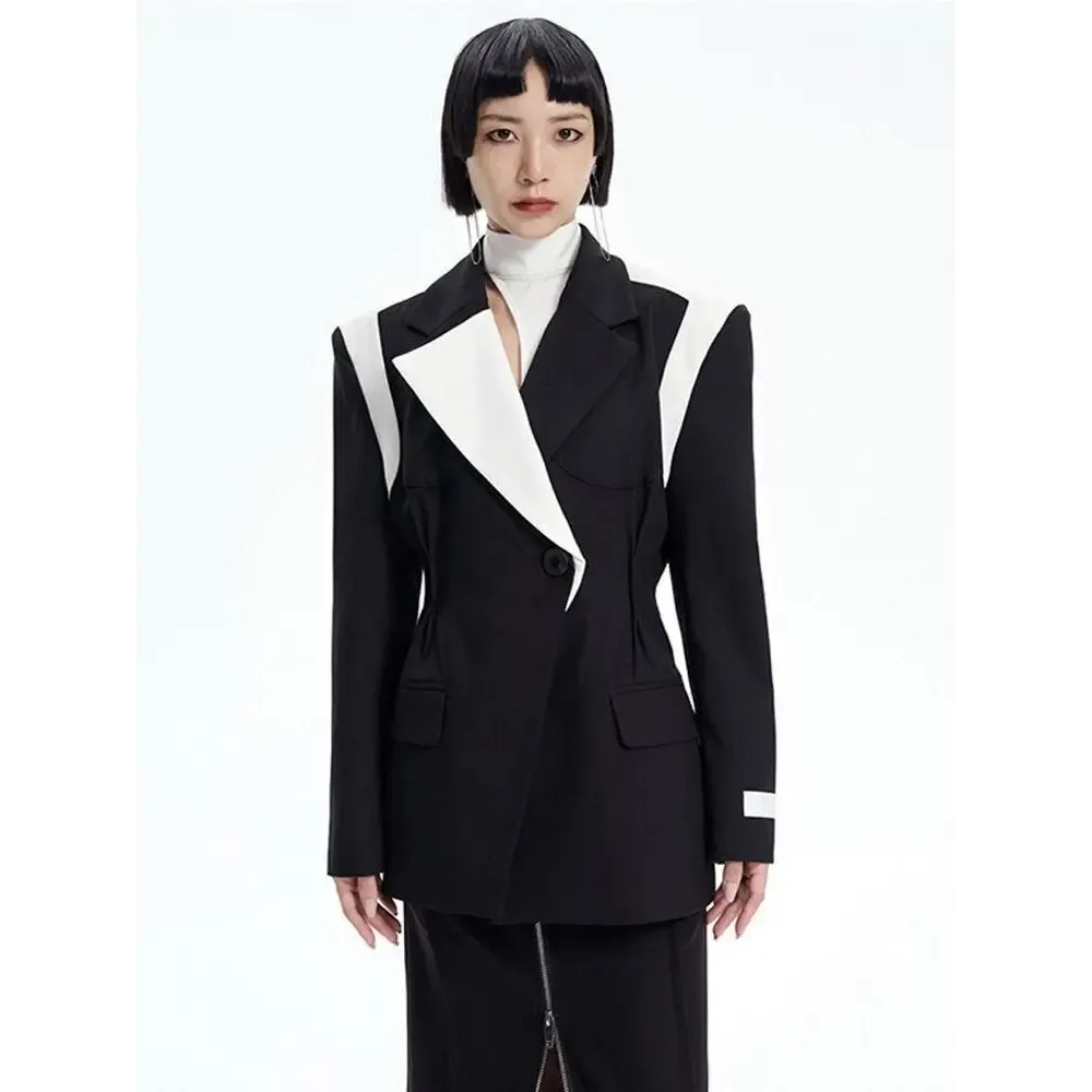 Black Color Block Blazer with Single Button and Halter Neck Design