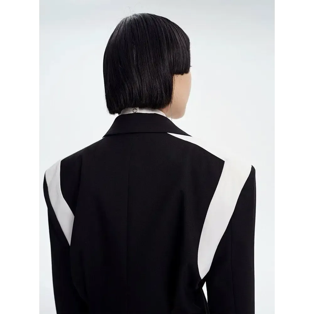 Black Color Block Blazer with Single Button and Halter Neck Design