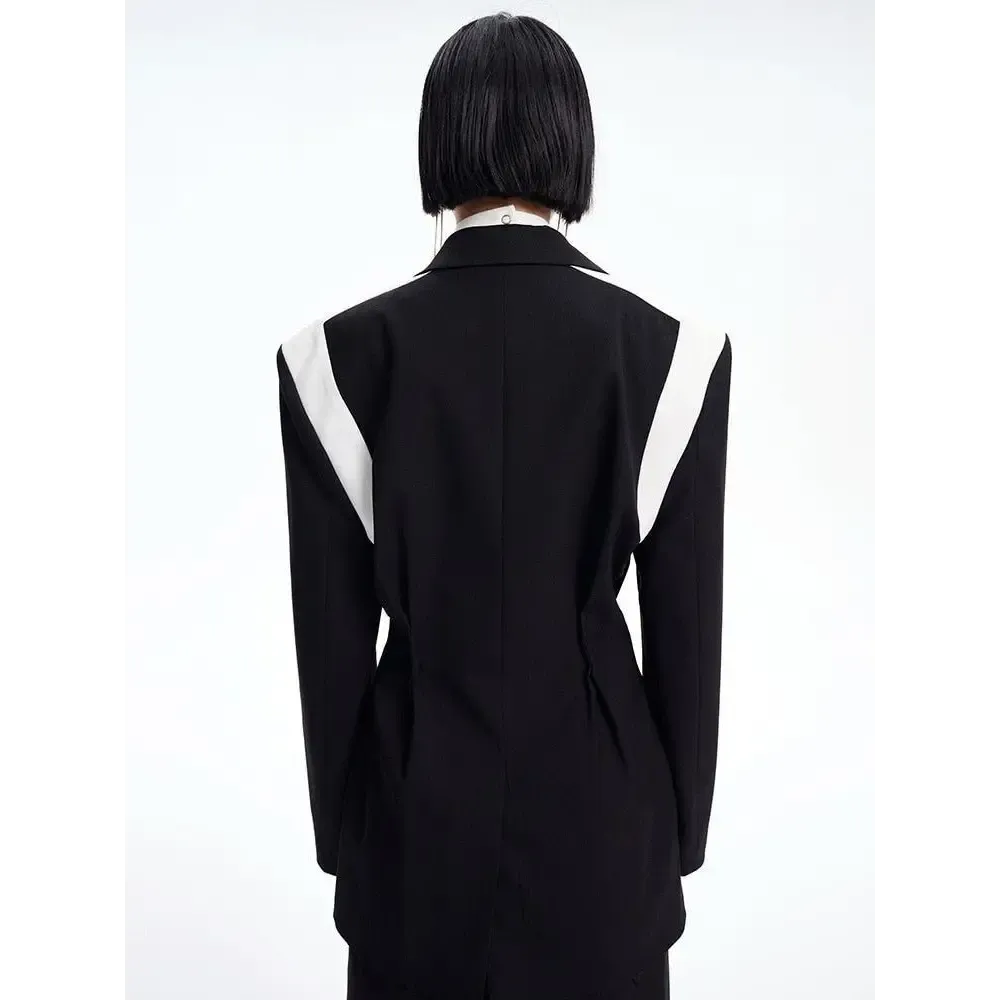 Black Color Block Blazer with Single Button and Halter Neck Design