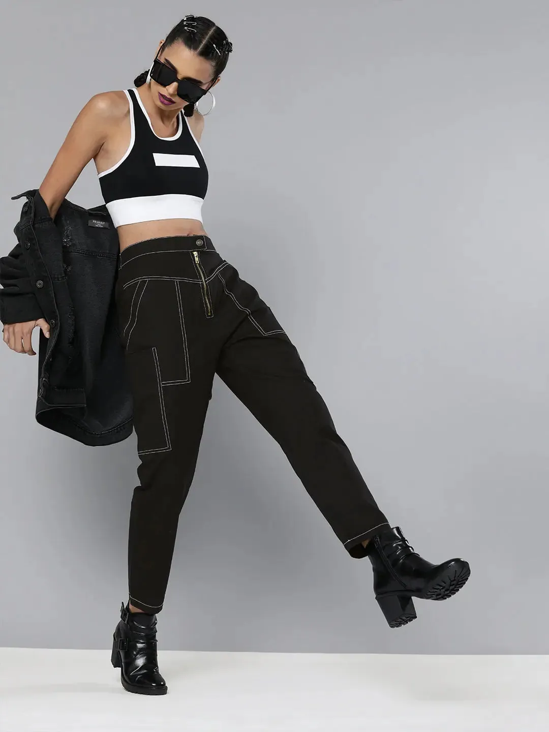 Black Contrast Stitch Zipper Fly Pants