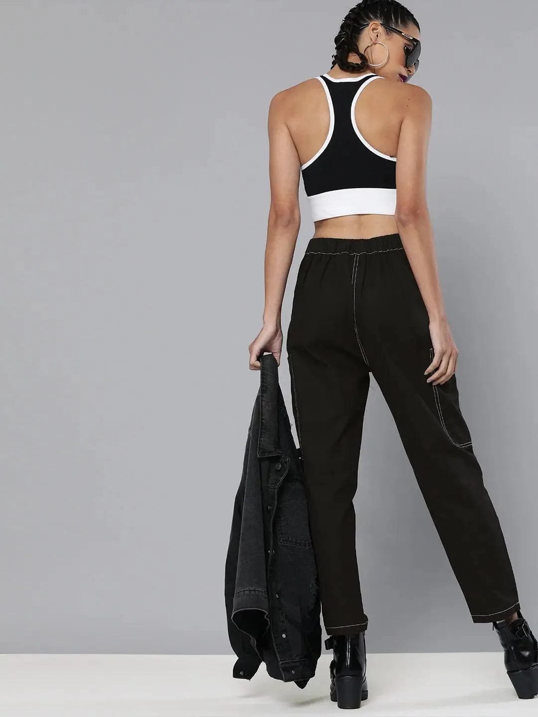 Black Contrast Stitch Zipper Fly Pants