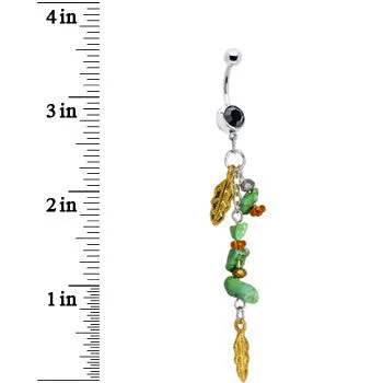 Black Gem Turquoise Gold Feathers Dangle Belly Ring