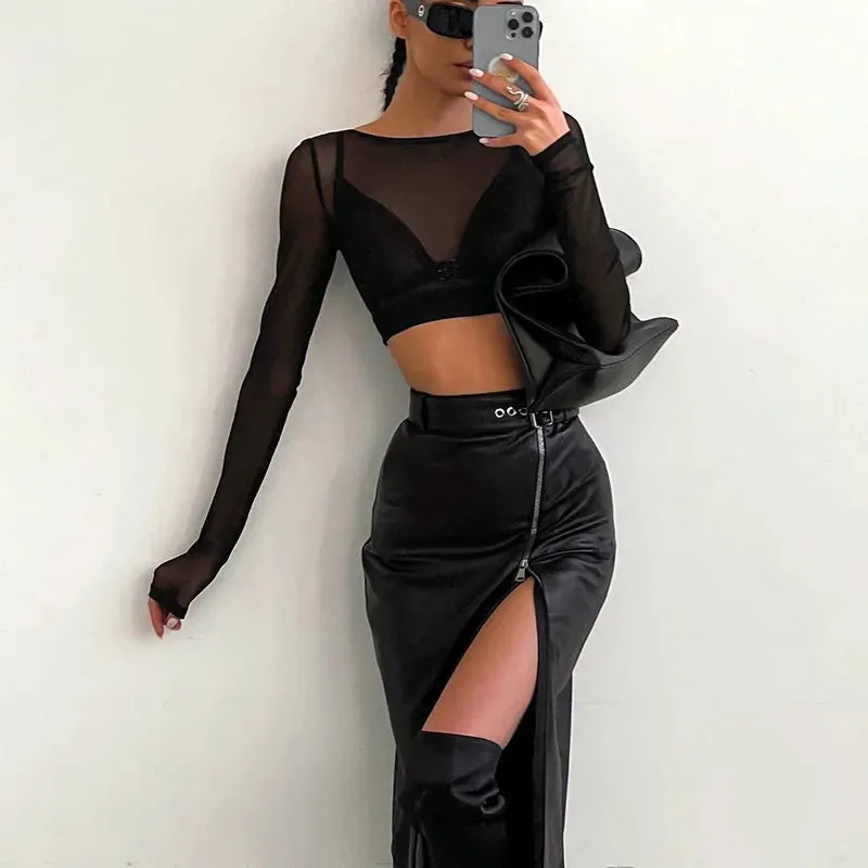 Black PU Leather High Waist Pencil Skirts Vintage Grunge Women Streetwear Zipper High Split Bodycon Midi Skirt with Belt