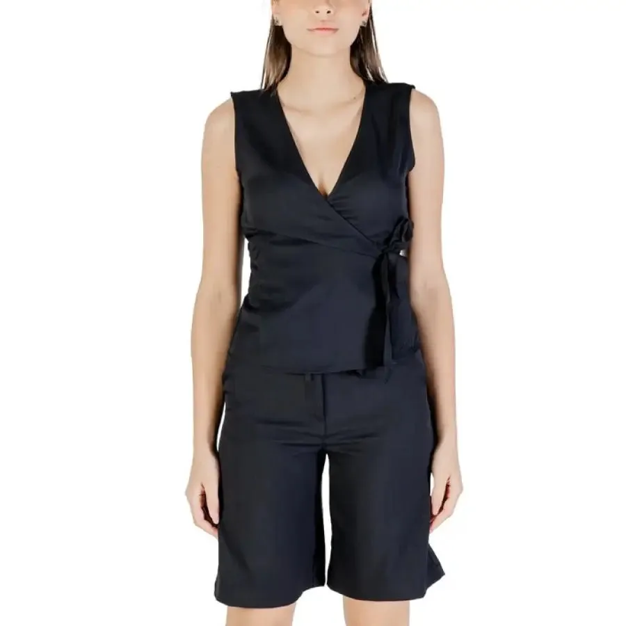 Black Sleeveless Wrap Top and Shorts Set