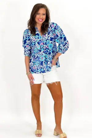 Blue Mix Print Button Top