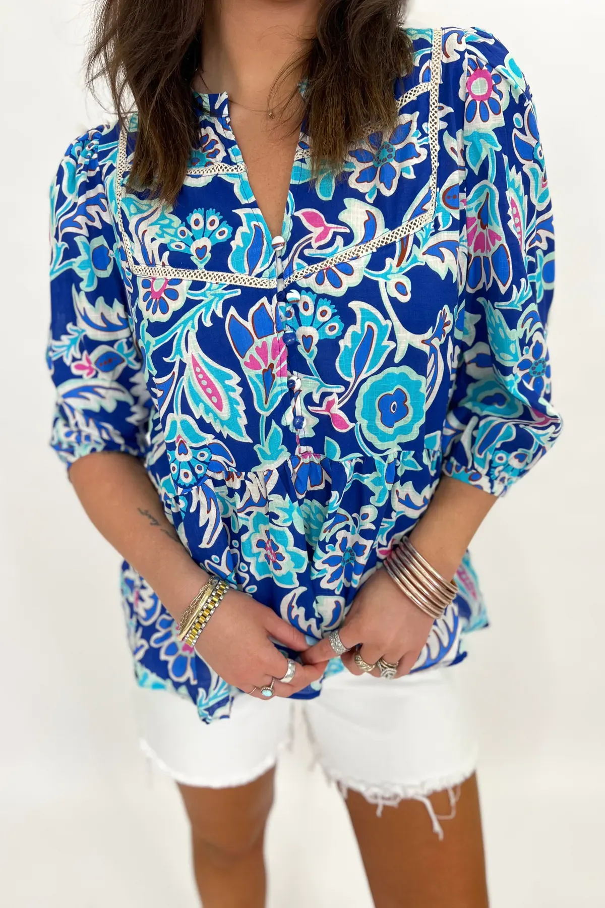 Blue Mix Print Button Top