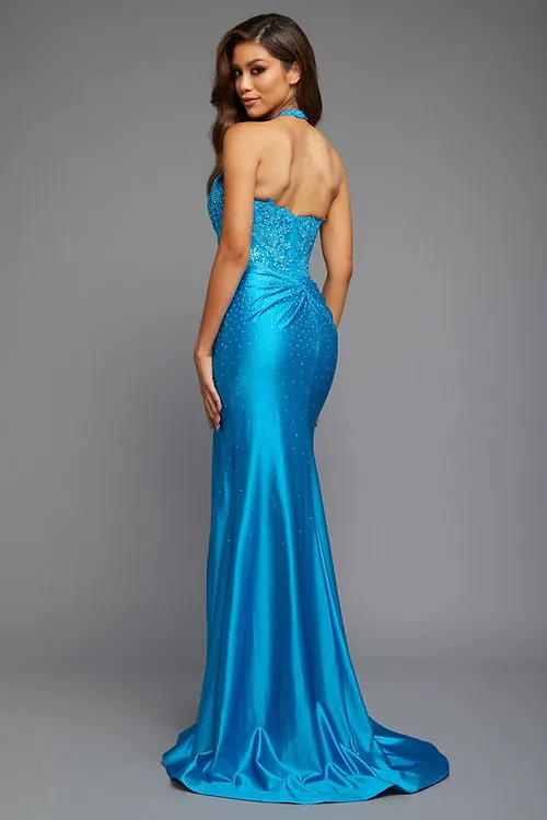 Blue Strapless Fitted Ballgown W/Glossy Look
