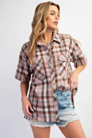 Blush Plaid Button Down Mineral Wash Shirt