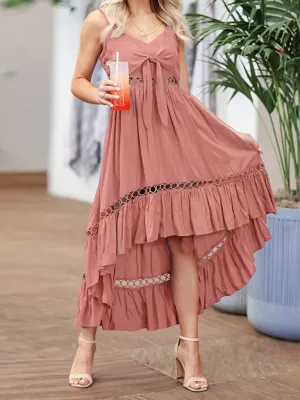 Bow Tie Mid-Length Sling Dress with Cut-Out Lace and Ruffled Hem