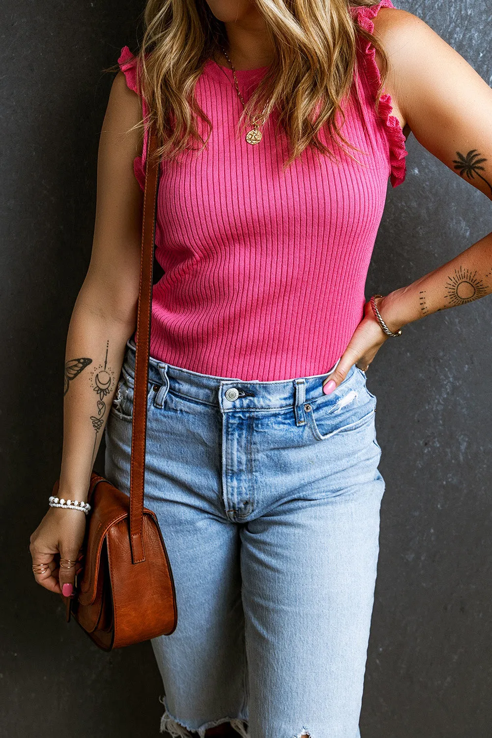 Bright Pink Frilly Trim Ribbed Knit Round Neck Tank Top
