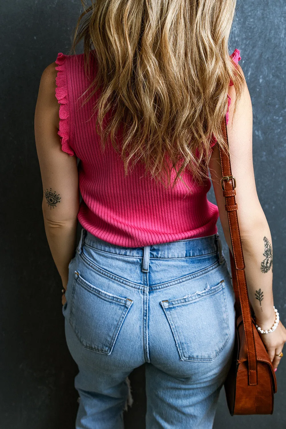 Bright Pink Frilly Trim Ribbed Knit Round Neck Tank Top